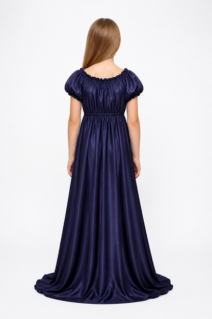 Dark Purple Dress with a Train and Puff Sleeves back view