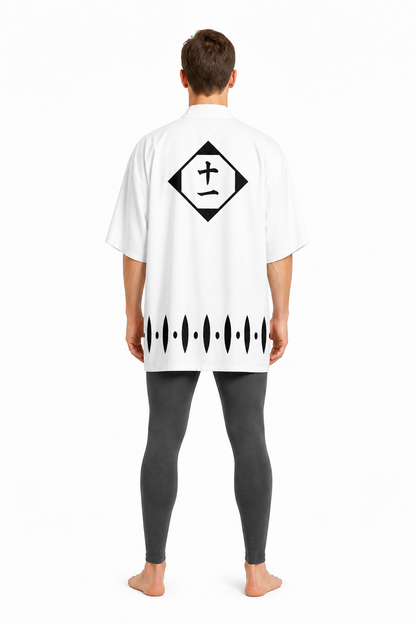 Bleach Cosplay Cloak, White with Black Pattern and Number 12 back view