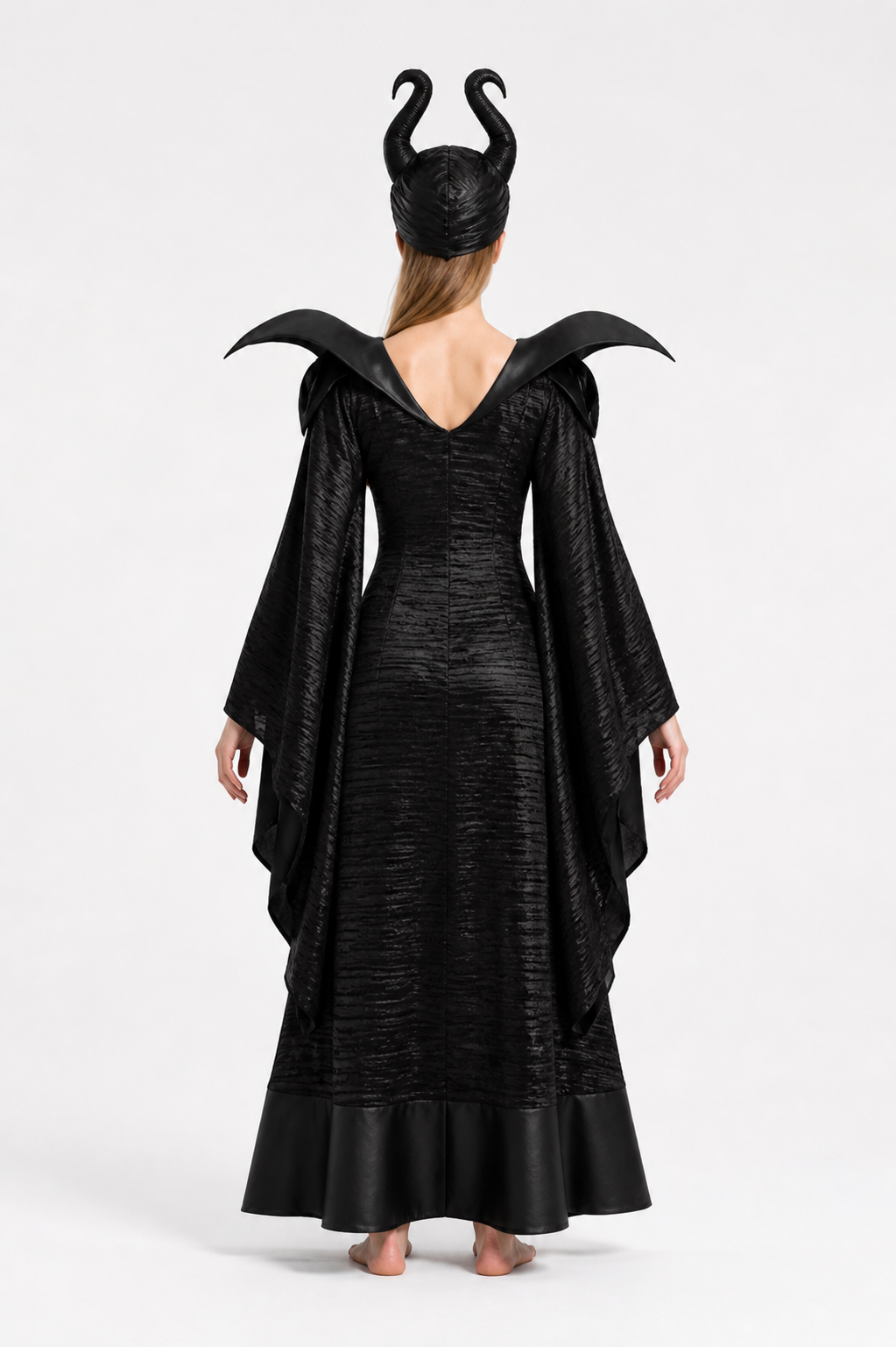 Black Witch Costume with Wide Sleeves and Pointed Shoulders back view