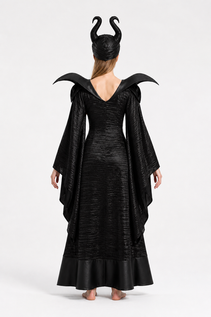 Black Witch Costume with Wide Sleeves and Pointed Shoulders back view