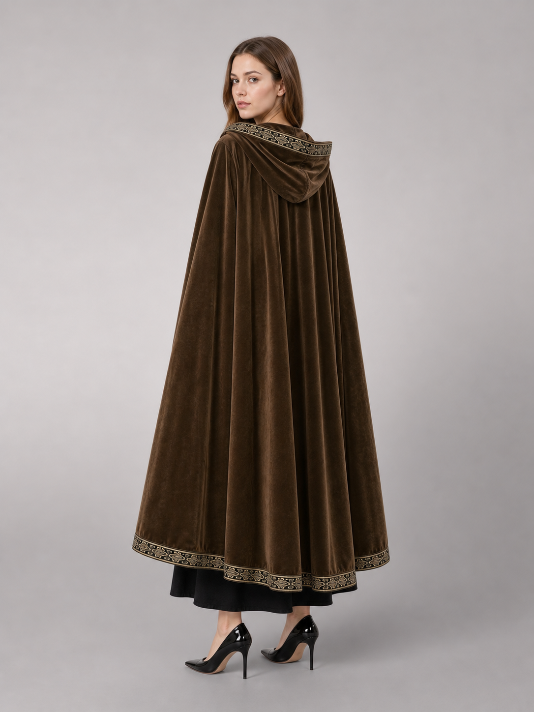 Long Hooded Robe, Brown, Loose Fit back view