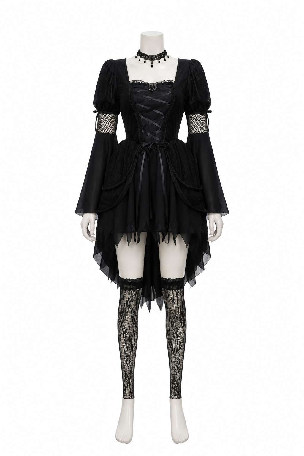 Black Gothic Dress with Asymmetrical Hem and Accessories back view