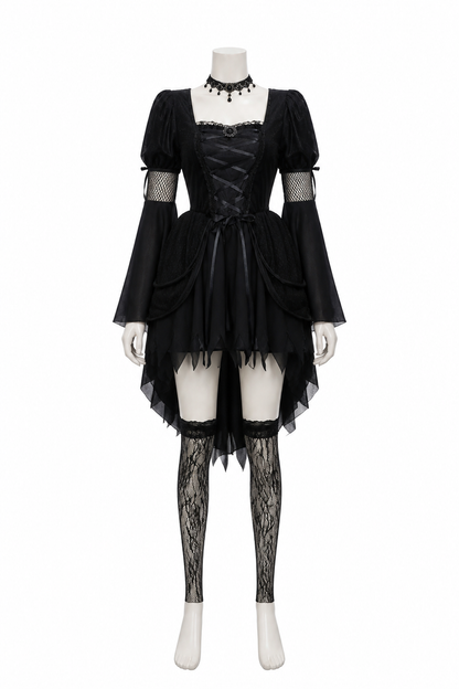 Black Gothic Dress with Asymmetrical Hem and Accessories back view