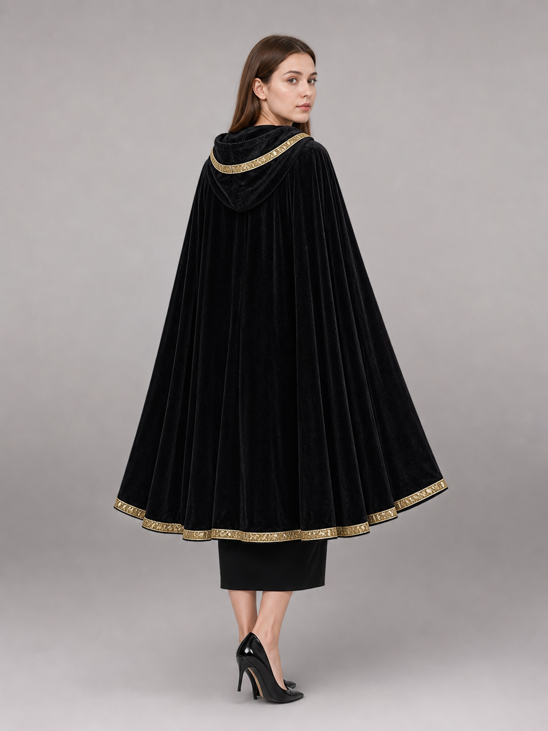 Black Hooded Carnival Cloak with Velvet Texture