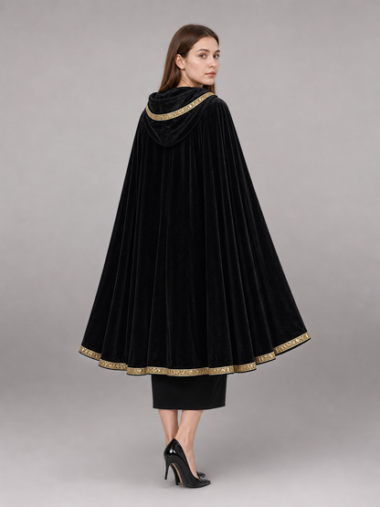 Black Hooded Carnival Cloak with Velvet Texture
