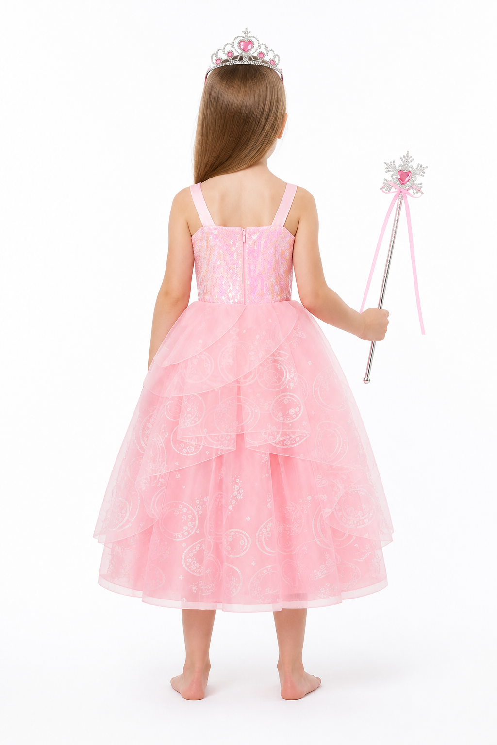 Pink Children's Halloween Costume with Crown and Wand back view