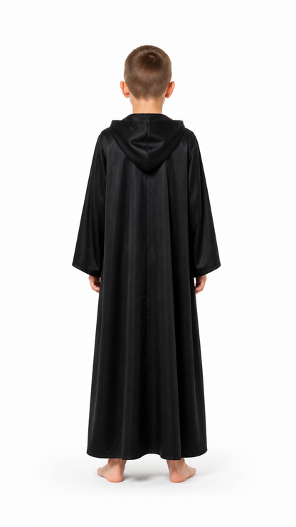 Long Black Hooded Cloak with Tie Closures back view