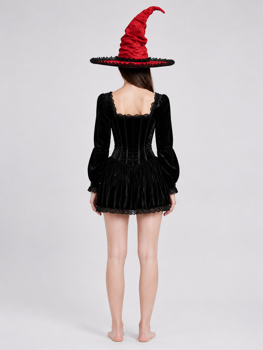 Red and Black Wide Brim Witch Hat, Tall Curved Pointed Top with Black Lace Trim back view