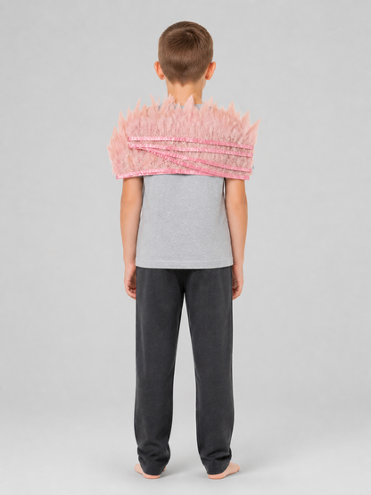 Pink feather headpiece with layered bands, shown from the back on a full-body child model