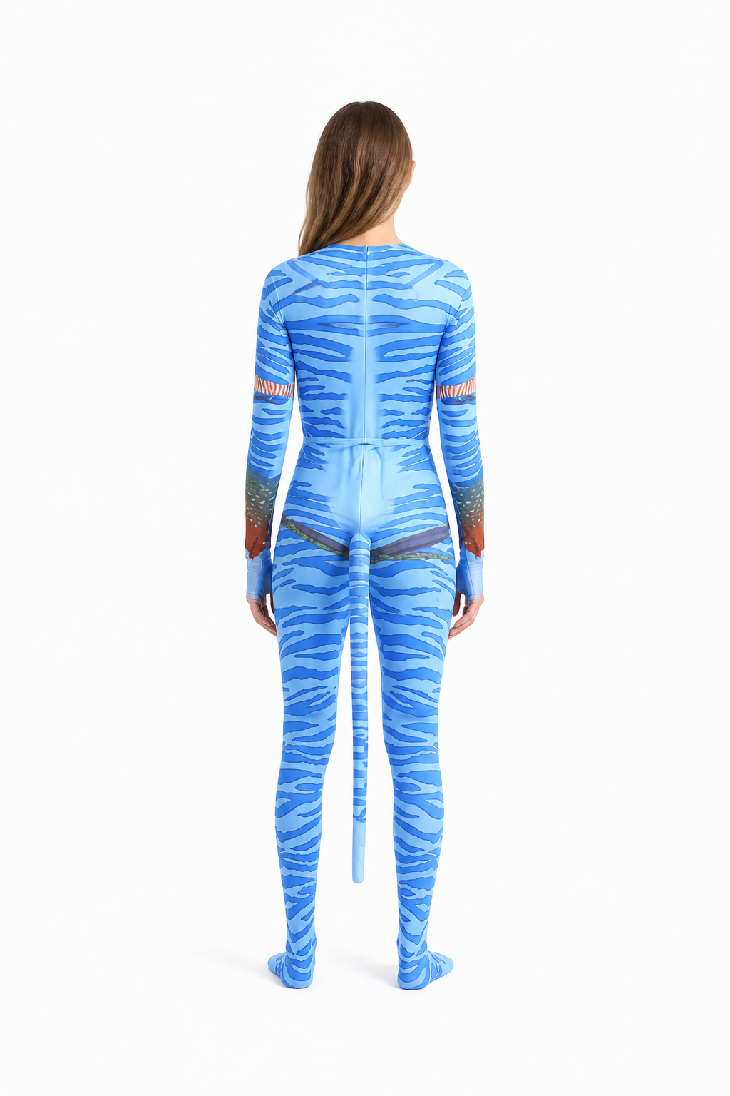 Avatar cosplay jumpsuit with a long tail back view