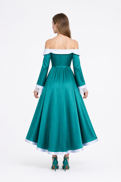 Long Stage Dress with White Collar and Brooch