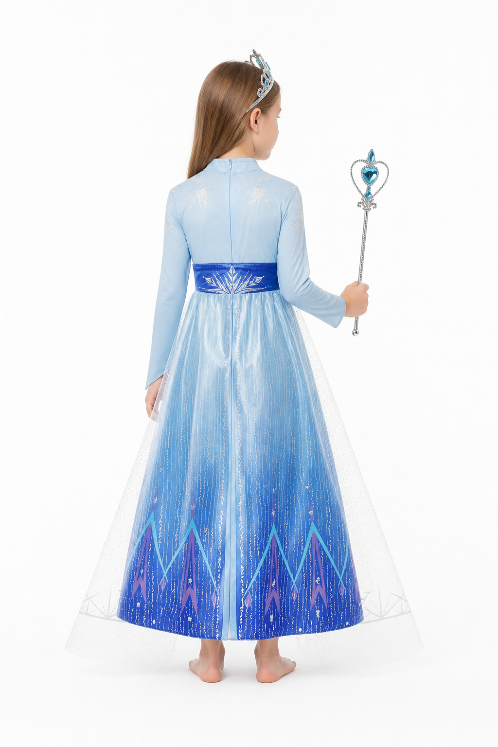 Elsa Costume, Long Dress with Cape and Crown back view
