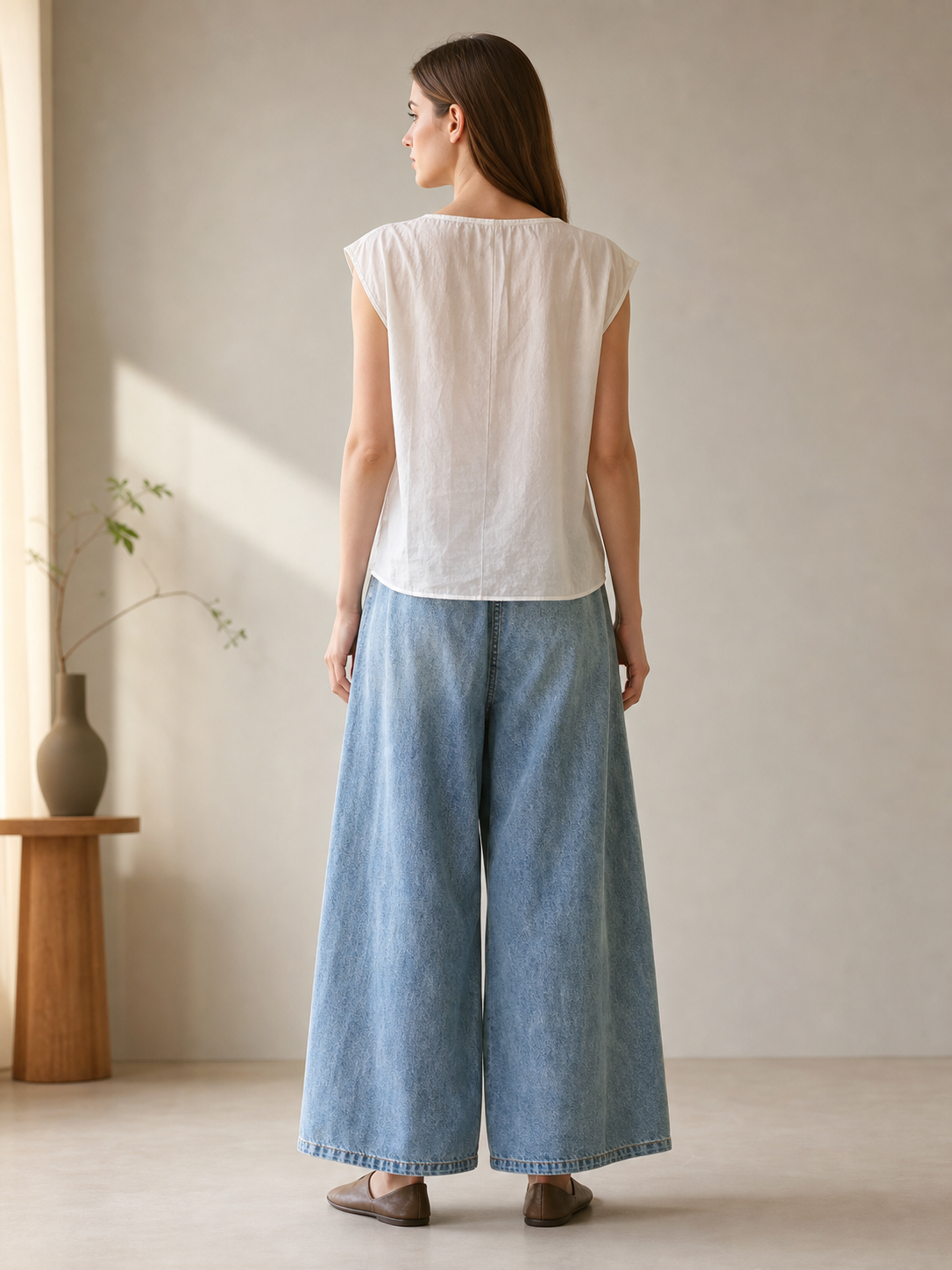 Light Blue Palazzo Pants with an Elastic Waist back view