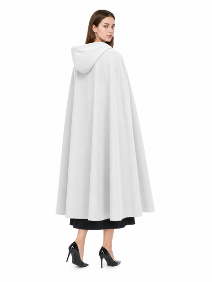 Medieval White Velvet Hooded Long Cloak Cape with Black Bow Tie Front Flared Hem back view