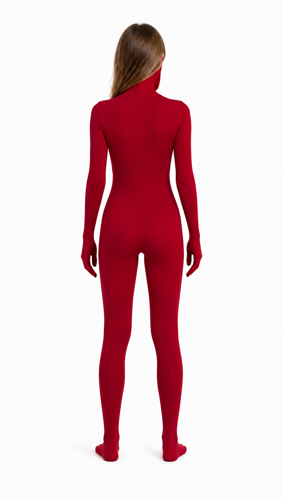 Burgundy Form-Fitting Hooded Costume Jumpsuit back view