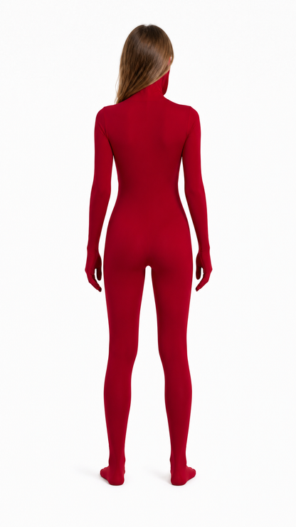 Burgundy Form-Fitting Hooded Costume Jumpsuit back view