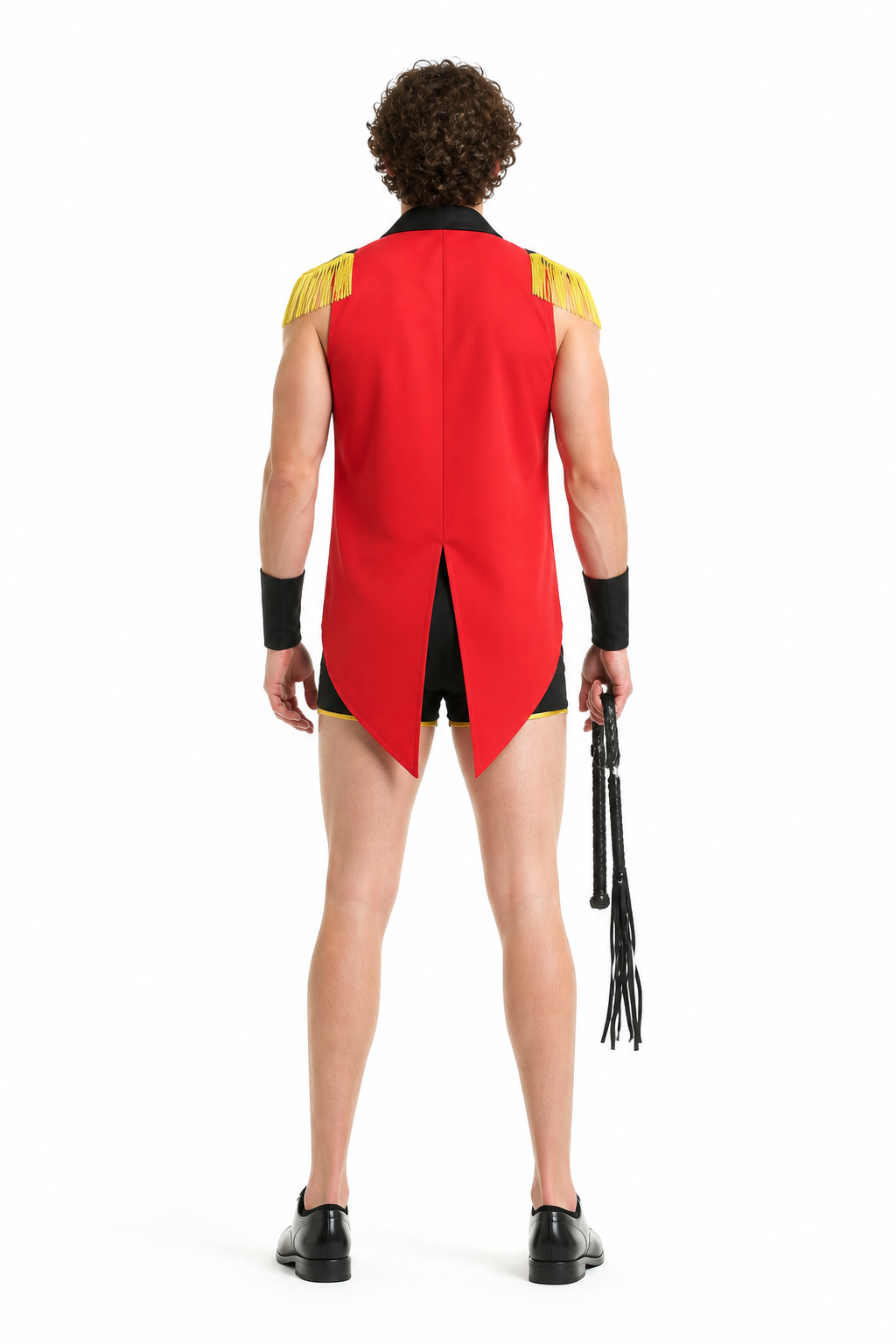 Pirate costume with a red vest and black shorts back view