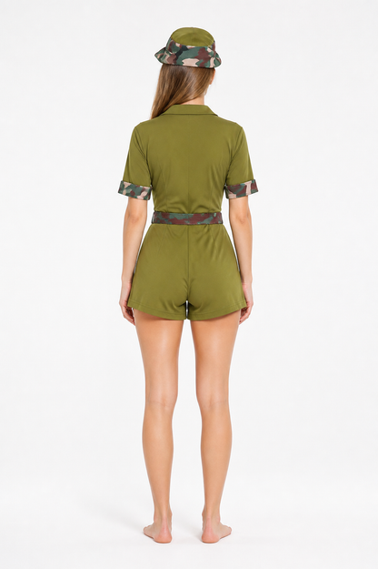 Short Khaki Military Jumpsuit with Belt back view