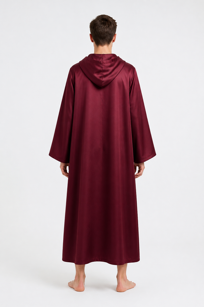Burgundy Long Hooded Cape with Sleeves back view