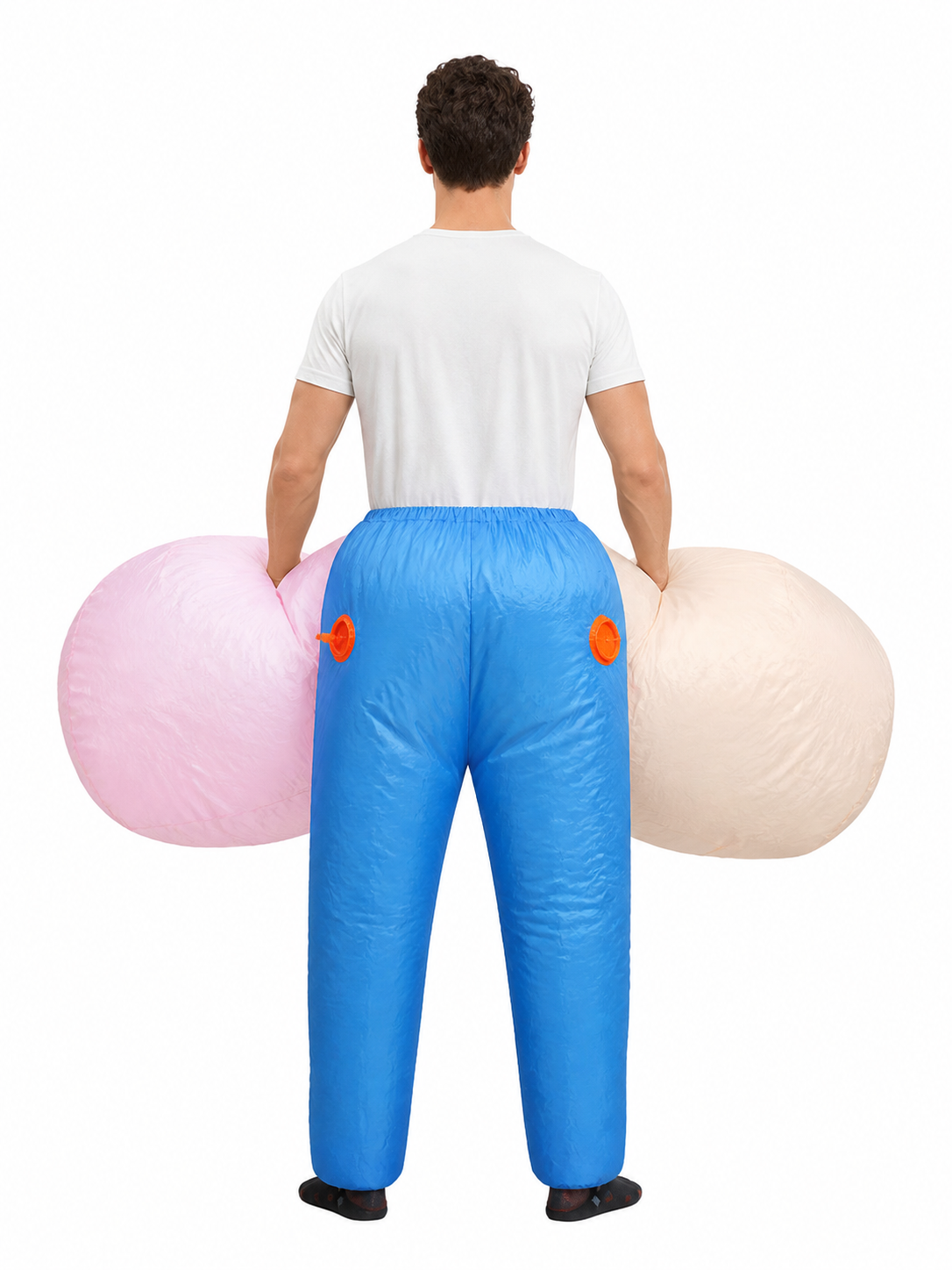 Beige and Blue Inflatable Costume with Pink Accents back view