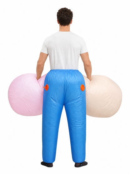 Beige and Blue Inflatable Costume with Pink Accents back view