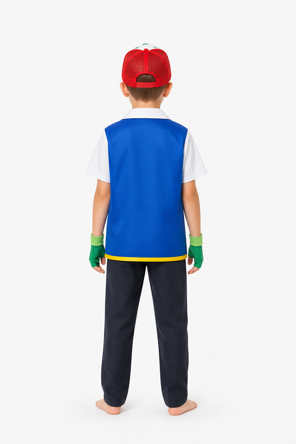 Children’s cosplay costume: blue jacket, hat, and gloves back view