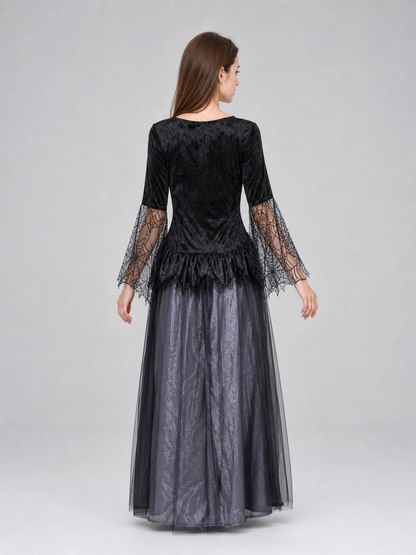 Gothic-style witch costume dress with hat for themed events. The design is mainly black and dark gray, with patterned textured fabric and sheer black accents. The look is centered on a long dress with a fitted lace-up corset, a ruffled neck