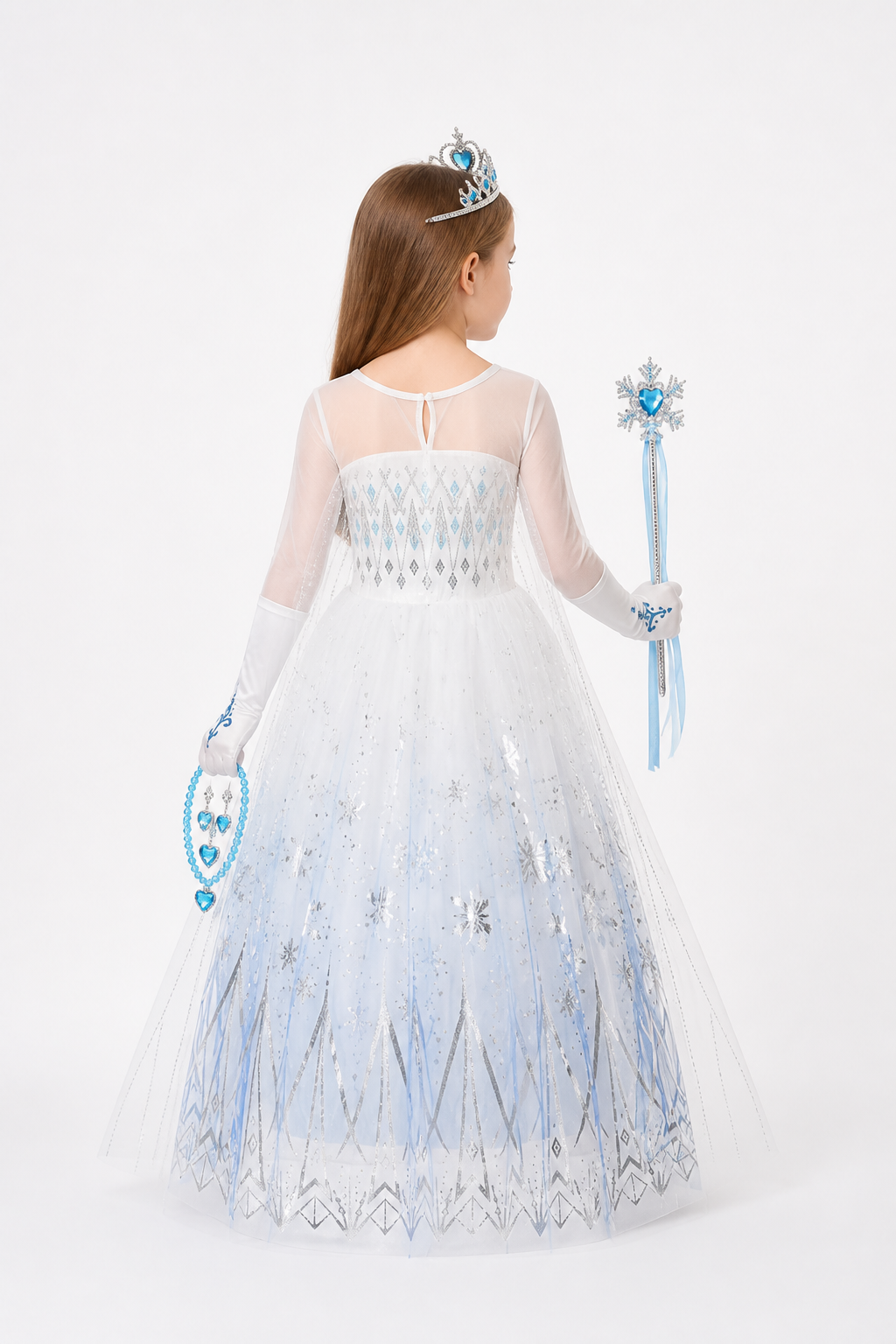 Snow Queen Costume with Crown and Magic Wand back view