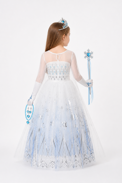 Snow Queen Costume with Crown and Magic Wand back view