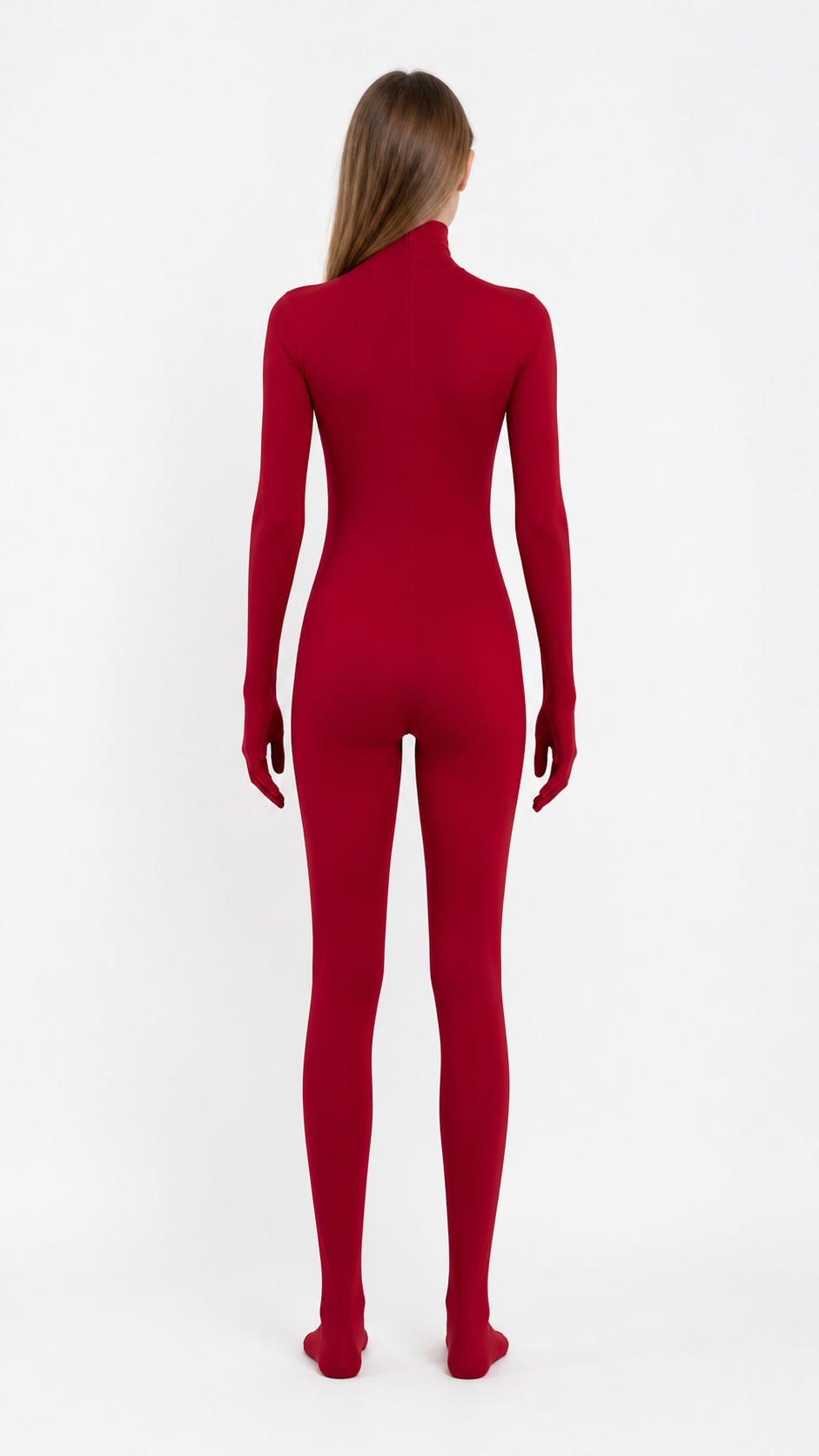 Burgundy zentai jumpsuit with hood and gloves back view