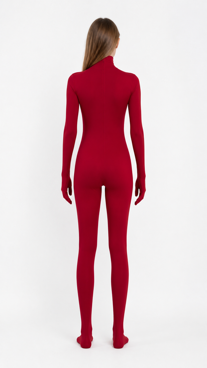 Burgundy zentai jumpsuit with hood and gloves back view