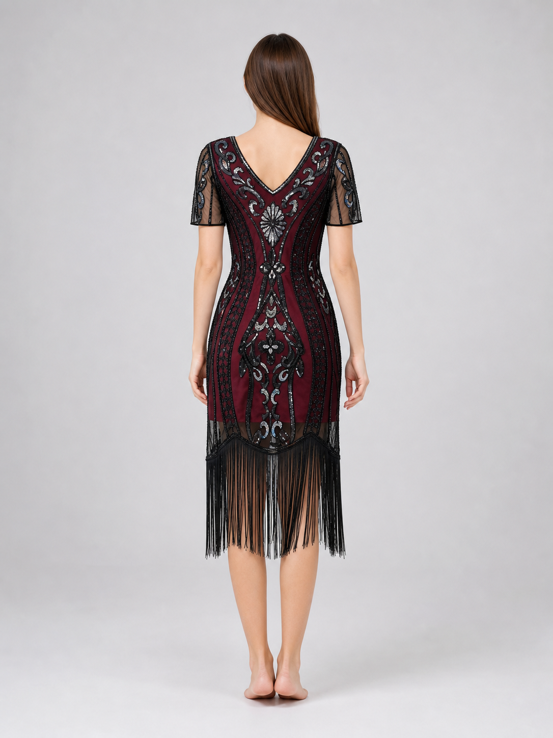 1920s-Style Evening Dress with Fringe and Sequins