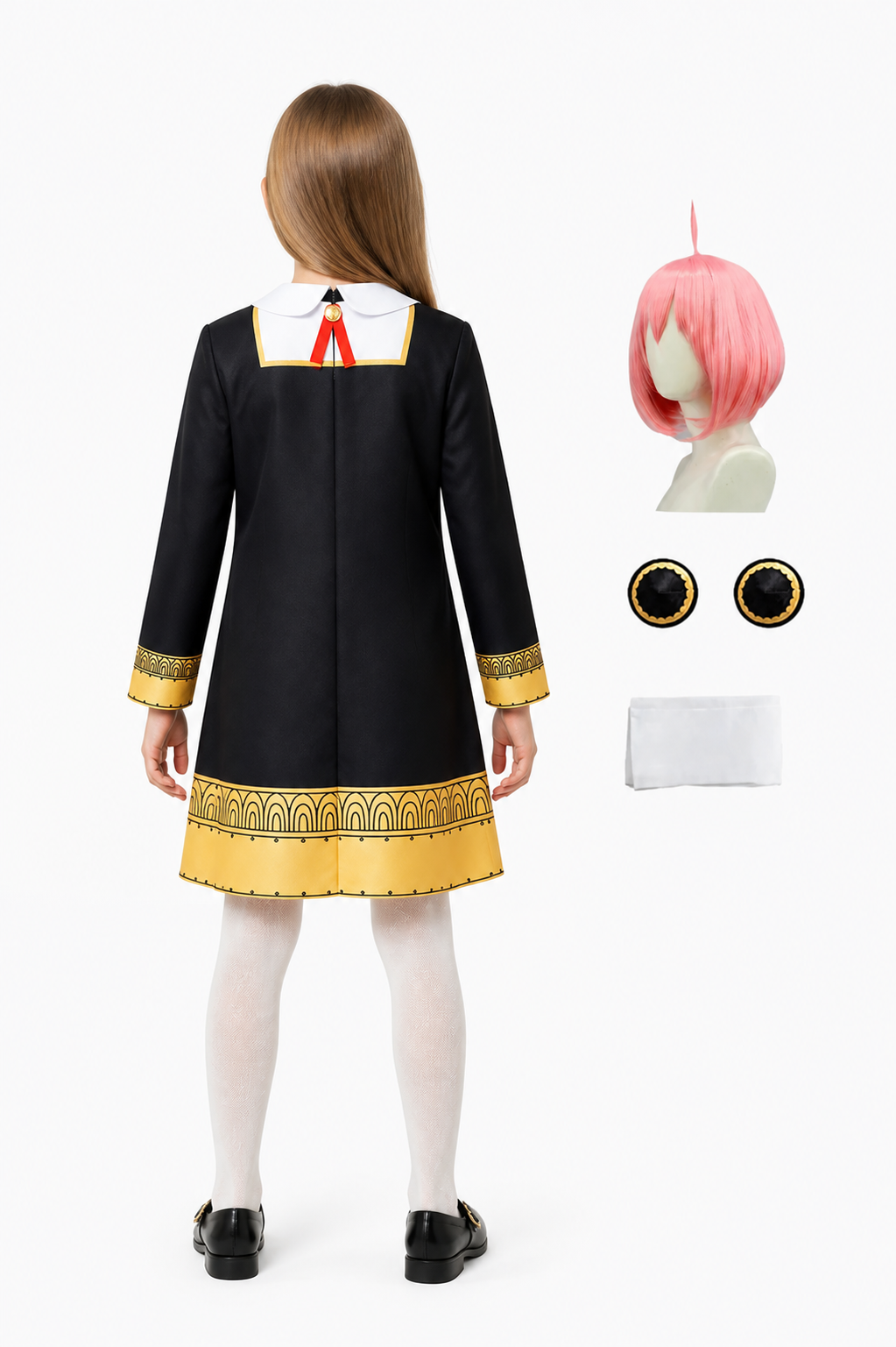 Anya Forger Costume with Black Dress and Wig back view
