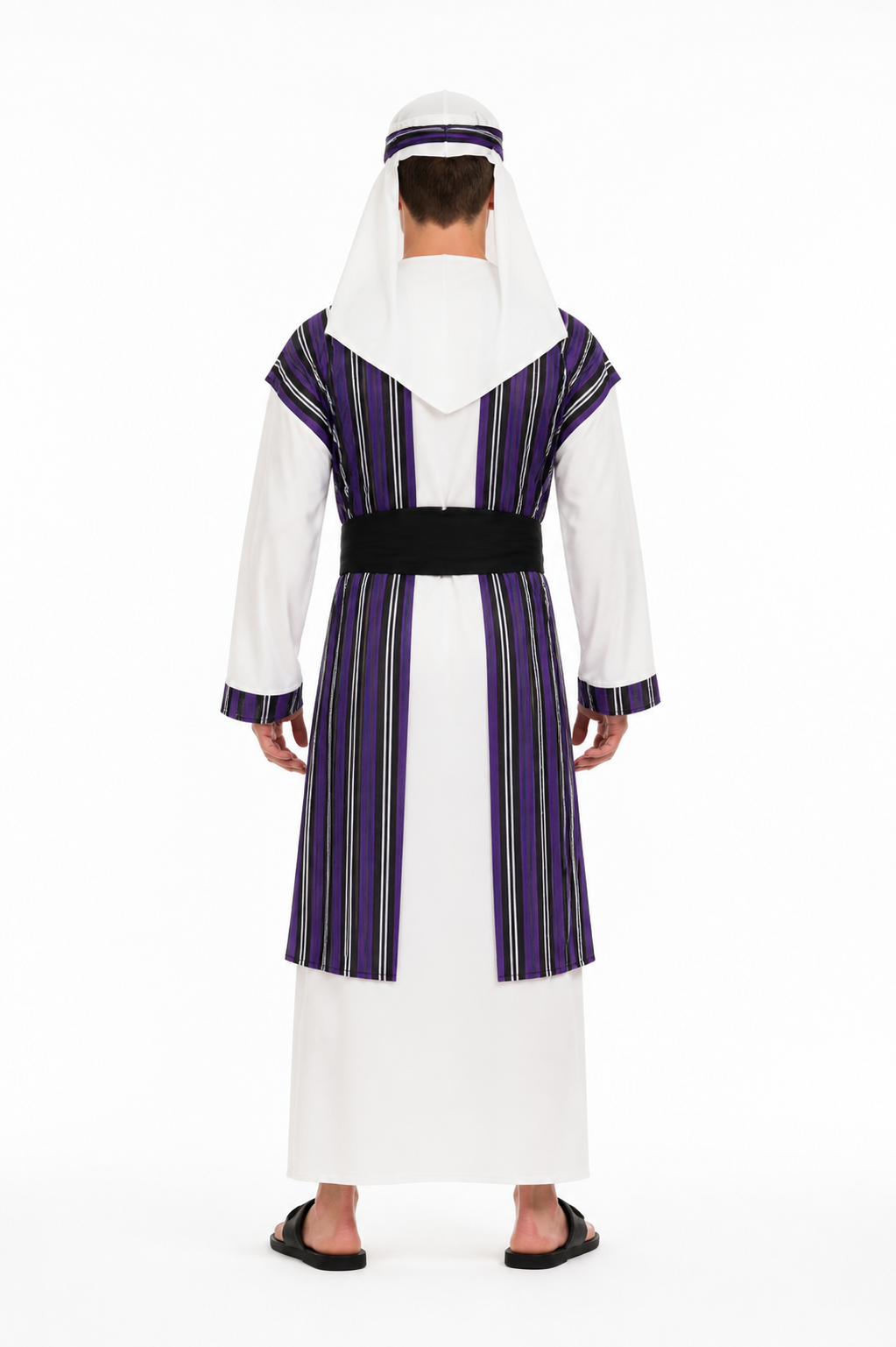 White Arabic Costume with Purple Stripes and Turban back view