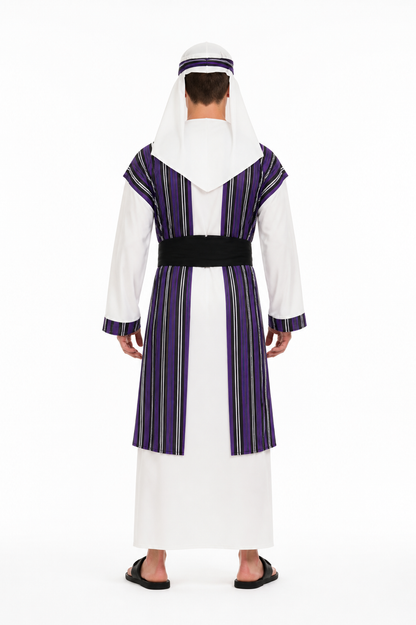 White Arabic Costume with Purple Stripes and Turban back view