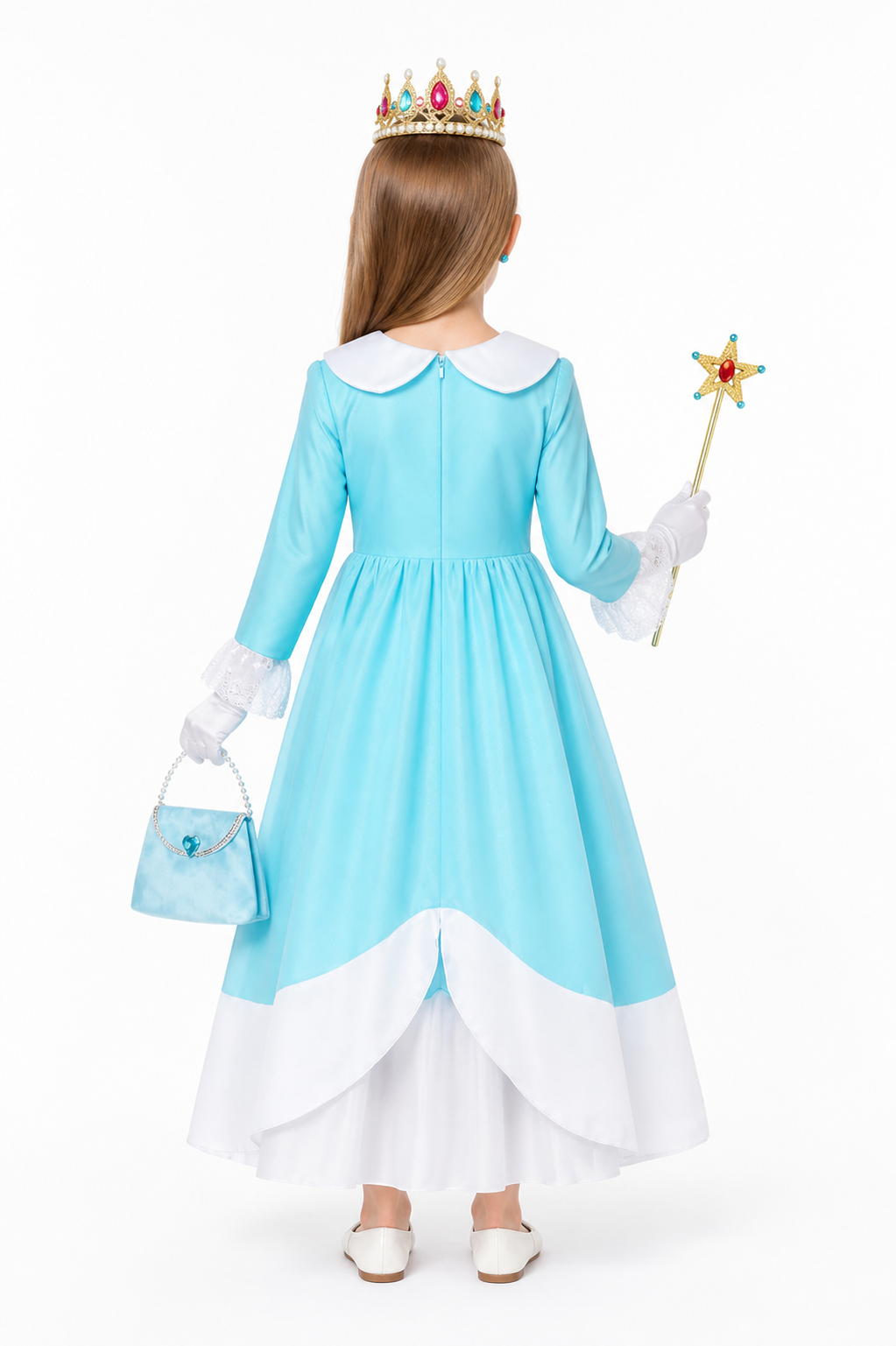 Blue Carnival Costume with Crown and Magic Wand back view