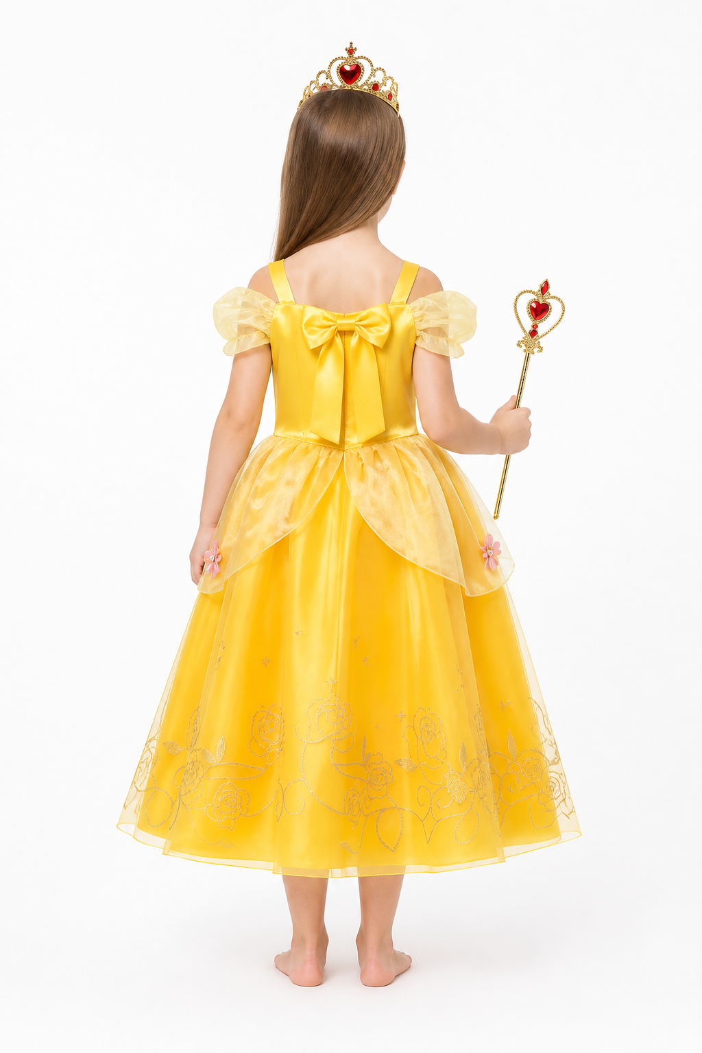 Belle Costume: Yellow Dress with Crown and Wand back view
