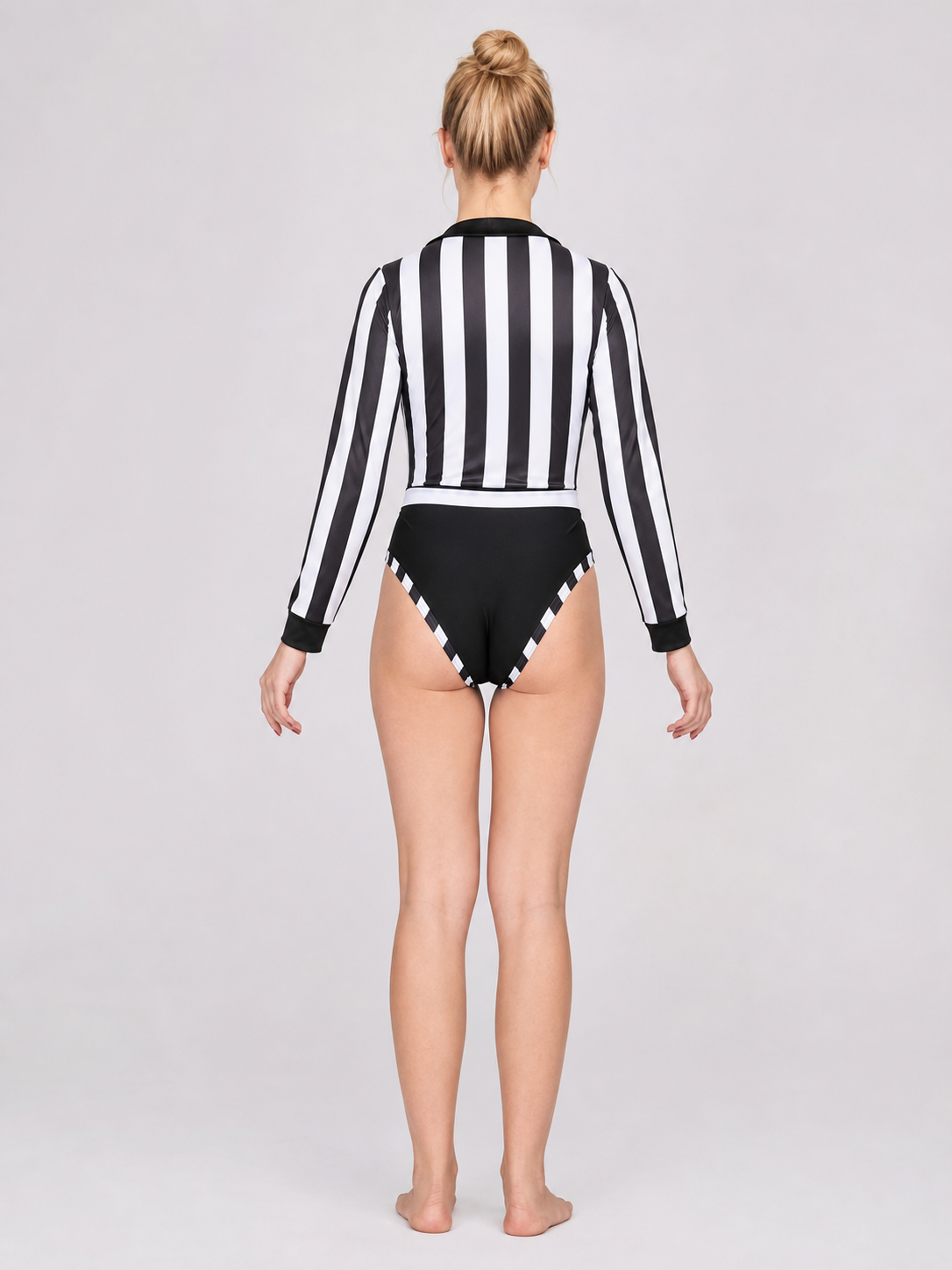 Black and White Striped Jumpsuit with Notched Collar