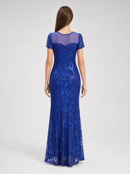 Long Evening Dress with Sequins and Pattern