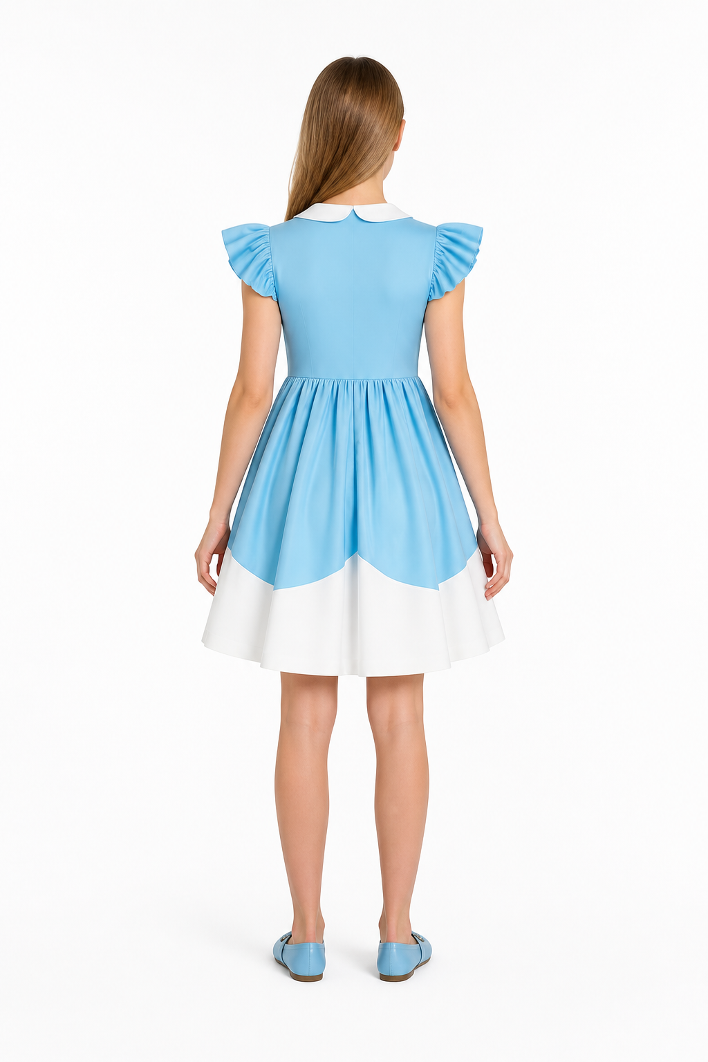 Blue Cosplay Dress with White Star and Ruffles back view