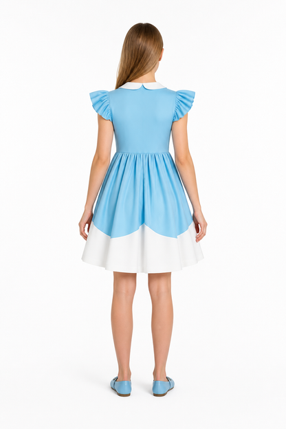 Blue Cosplay Dress with White Star and Ruffles back view