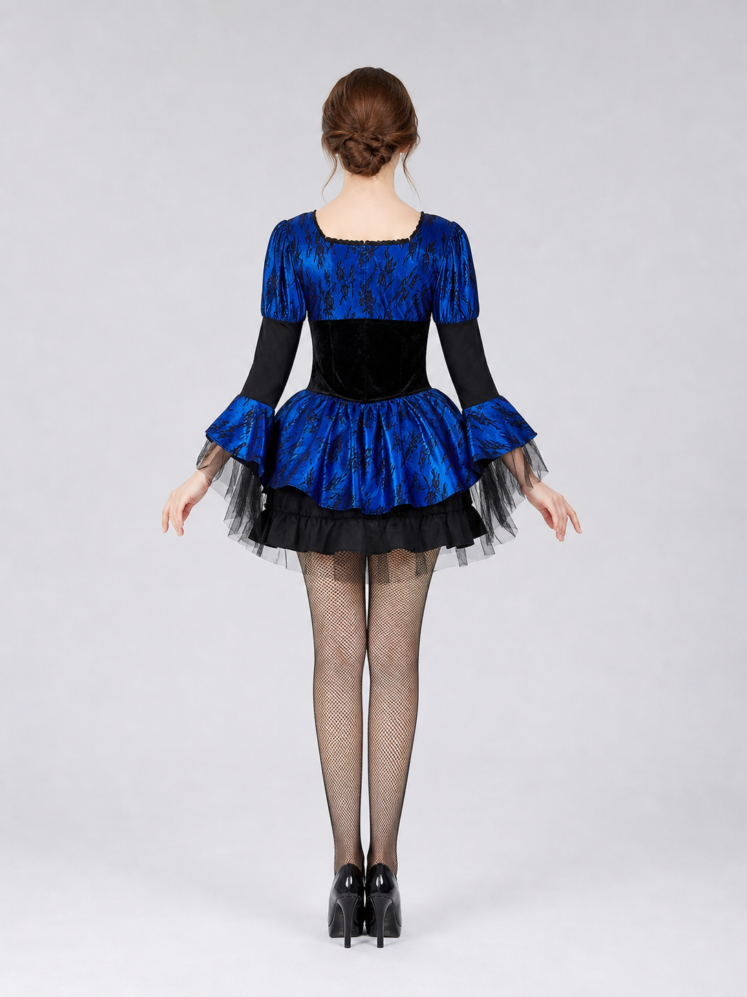 Witch Costume: Blue and Black Dress with a Full Skirt back view