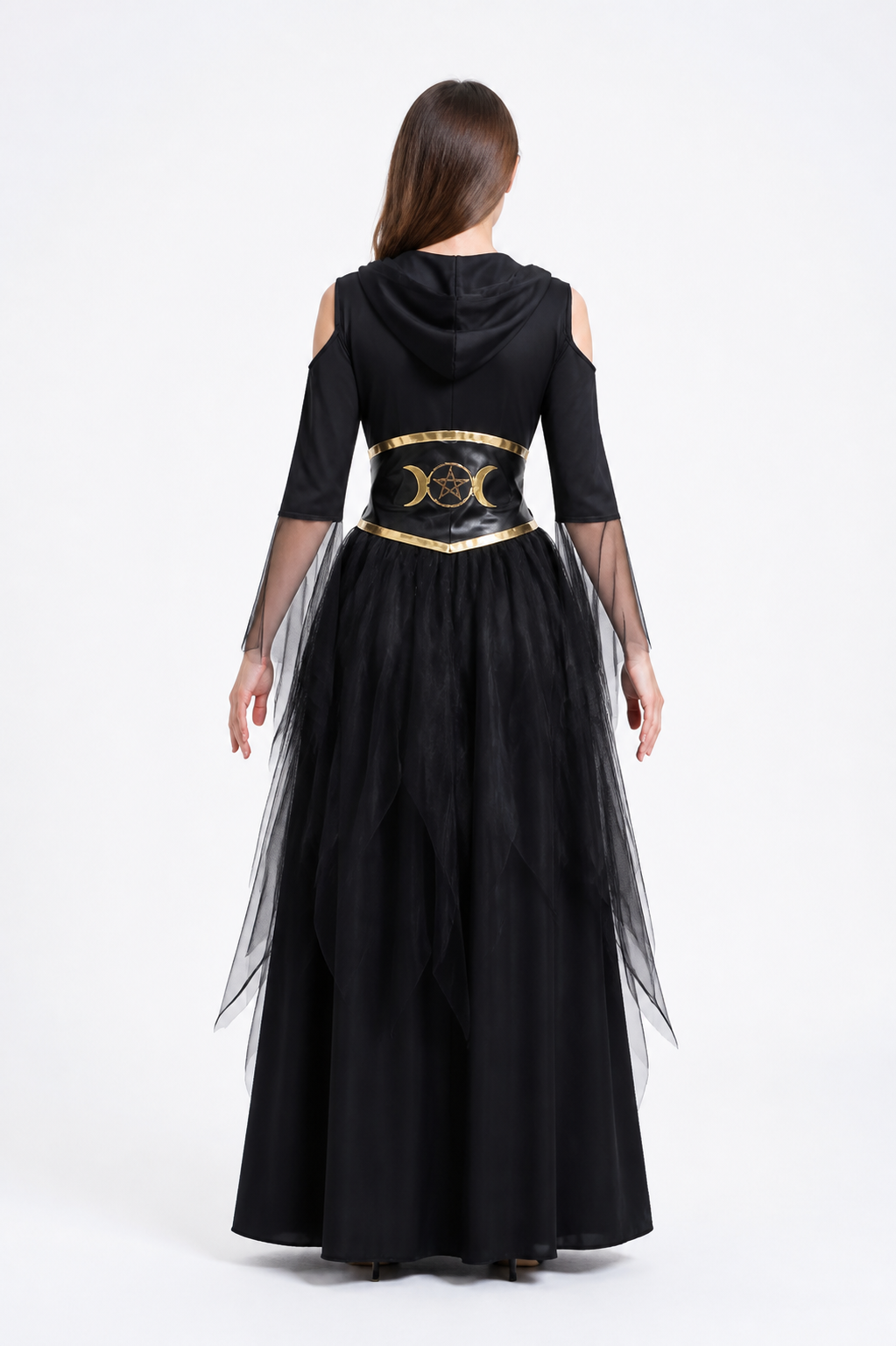 Black Hooded Witch Robe with Gold Moon and Star back view