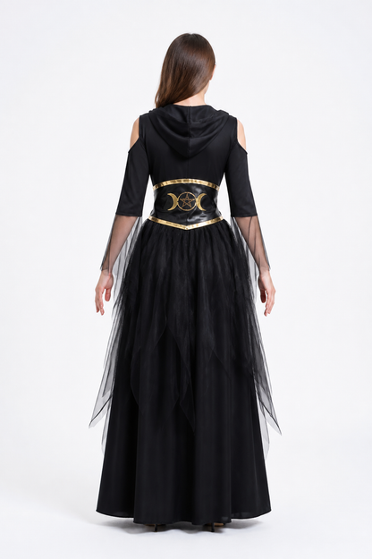 Black Hooded Witch Robe with Gold Moon and Star back view