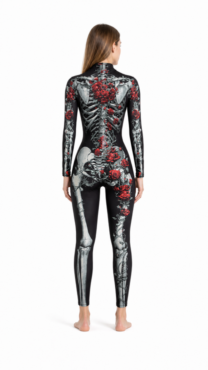 Black Skeleton Jumpsuit with Roses for Halloween back view