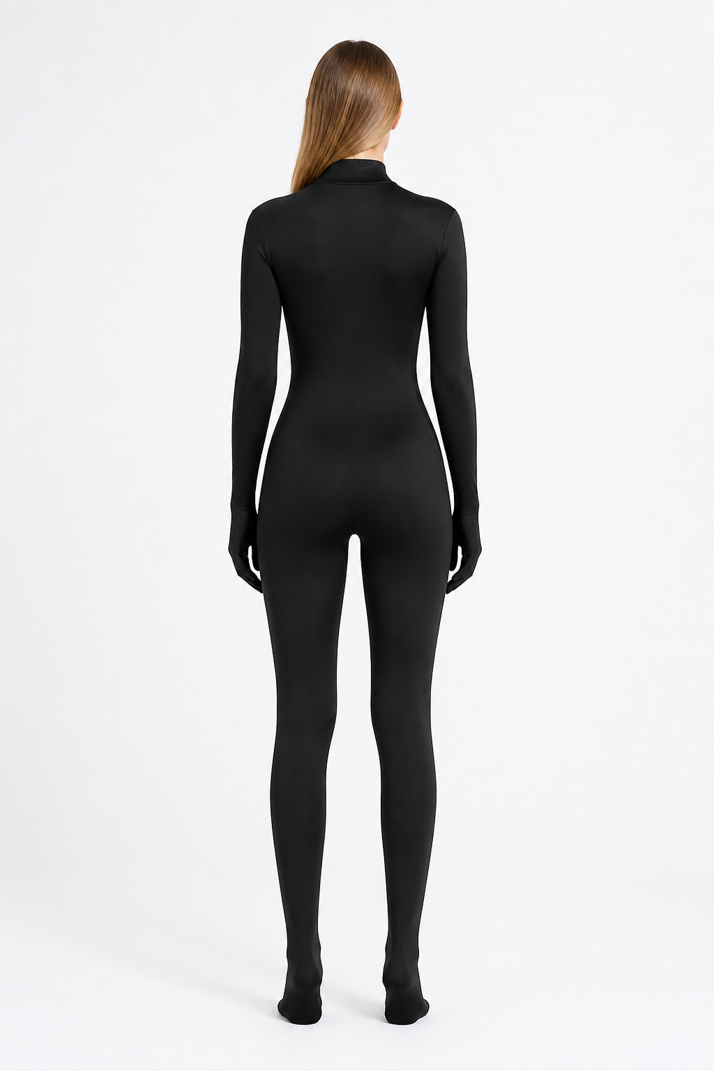 Form-fitting black jumpsuit with covered hands and feet back view