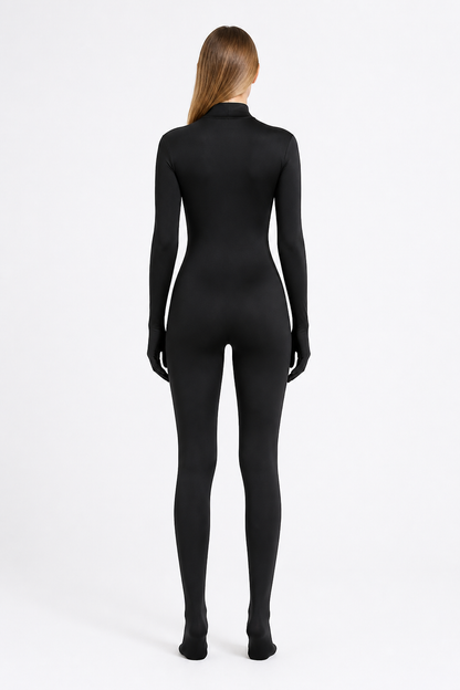 Form-fitting black jumpsuit with covered hands and feet back view