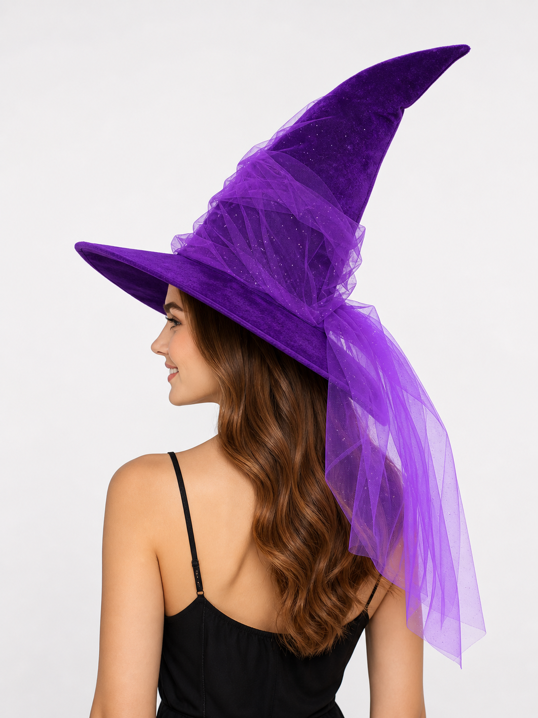 1pc Purple Halloween Witch Hat Wide Brim Crooked Pointed Crown With Sheer Mesh Veil Glitter Detail Costume Accessory