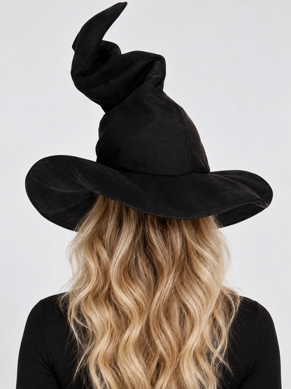 Black Witch Hat with a Wide Brim and Curled Tip back view