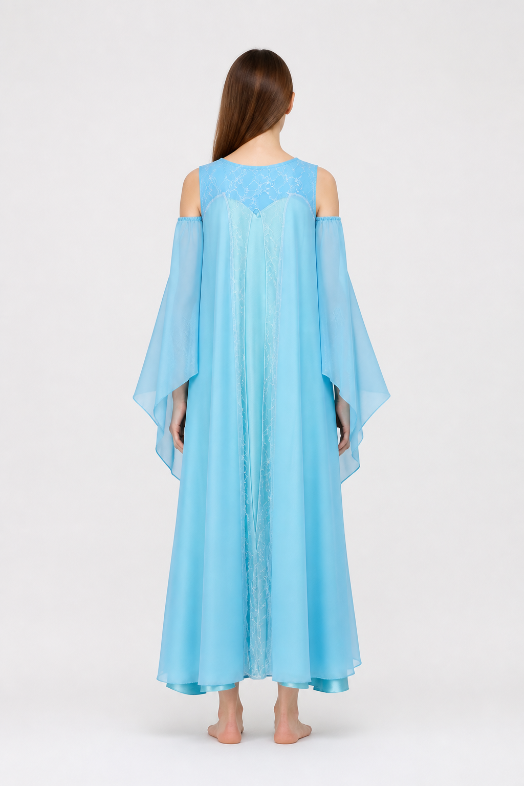 Long Light-Blue Dress with Off-the-Shoulder Neckline and Sleeves back view